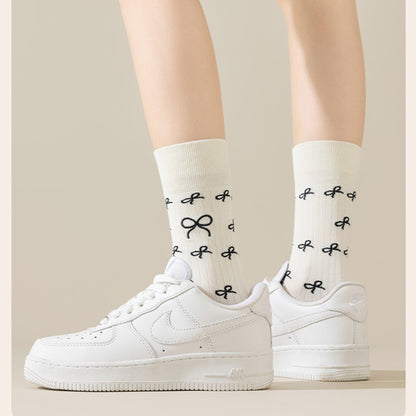 Anna-Kaci 3 Pairs Women's Casual Crew Socks Assorted Patterns Striped Polka Dot and Bow Embroidery