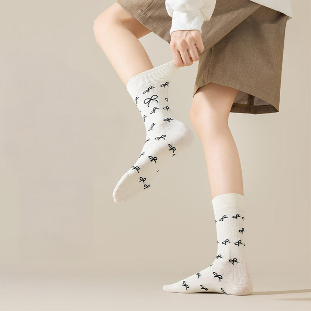 Anna-Kaci 3 Pairs Women's Casual Crew Socks Assorted Patterns Striped Polka Dot and Bow Embroidery