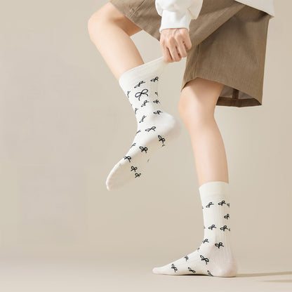 Anna-Kaci 3 Pairs Women's Casual Crew Socks Assorted Patterns Striped Polka Dot and Bow Embroidery