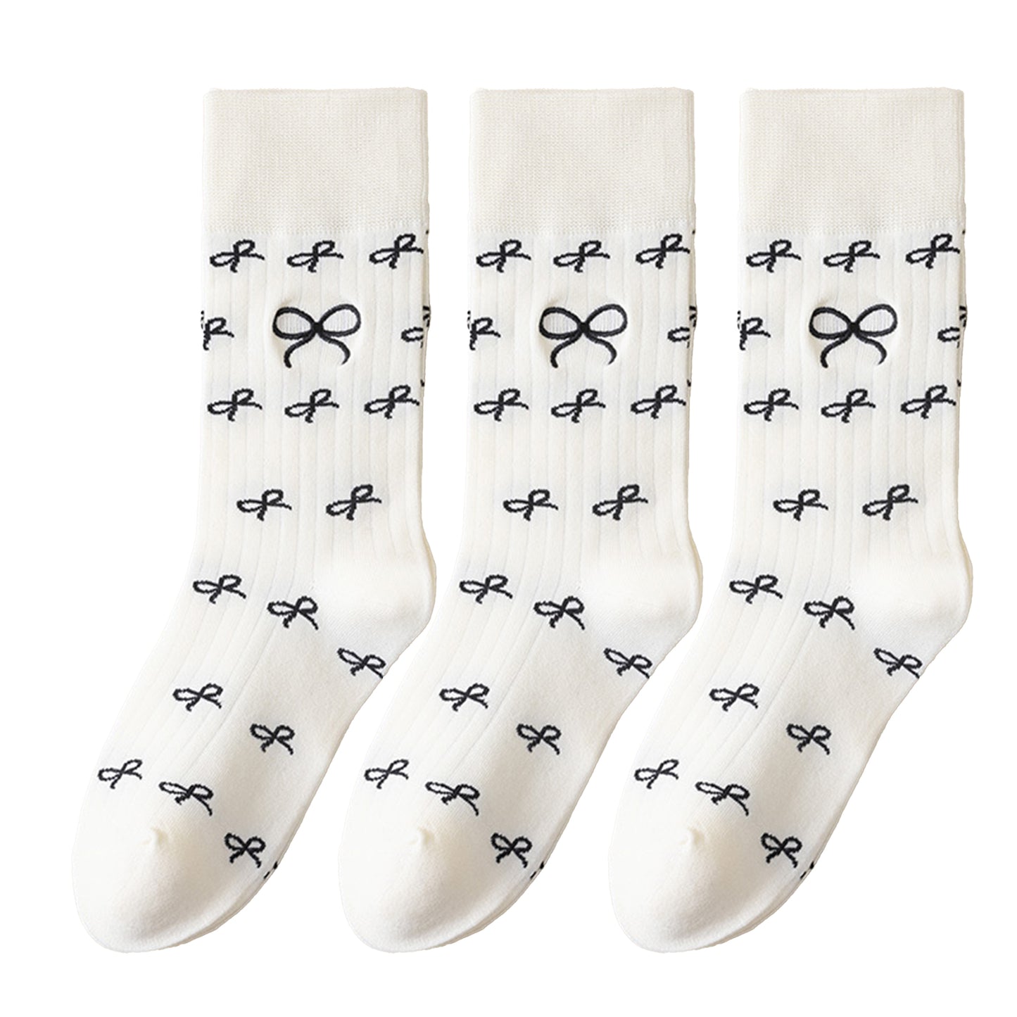 Anna-Kaci 3 Pairs Women's Casual Crew Socks Assorted Patterns Striped Polka Dot and Bow Embroidery