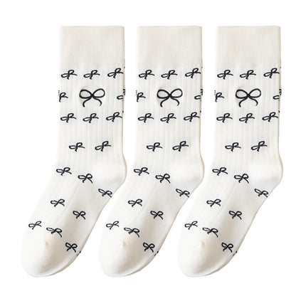 Anna-Kaci 3 Pairs Women's Casual Crew Socks Assorted Patterns Striped Polka Dot and Bow Embroidery