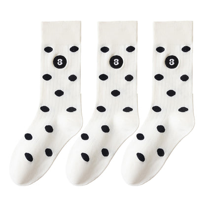 Anna-Kaci 3 Pairs Women's Casual Crew Socks Assorted Patterns Striped Polka Dot and Bow Embroidery