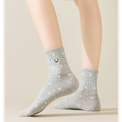 Anna-Kaci 3 Pairs Women's Crew Socks with Polka Dot Pattern and Panda Embroidery