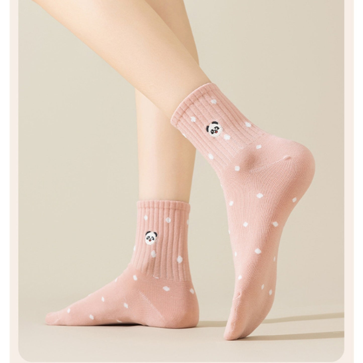 Anna-Kaci 3 Pairs Women's Crew Socks with Polka Dot Pattern and Panda Embroidery