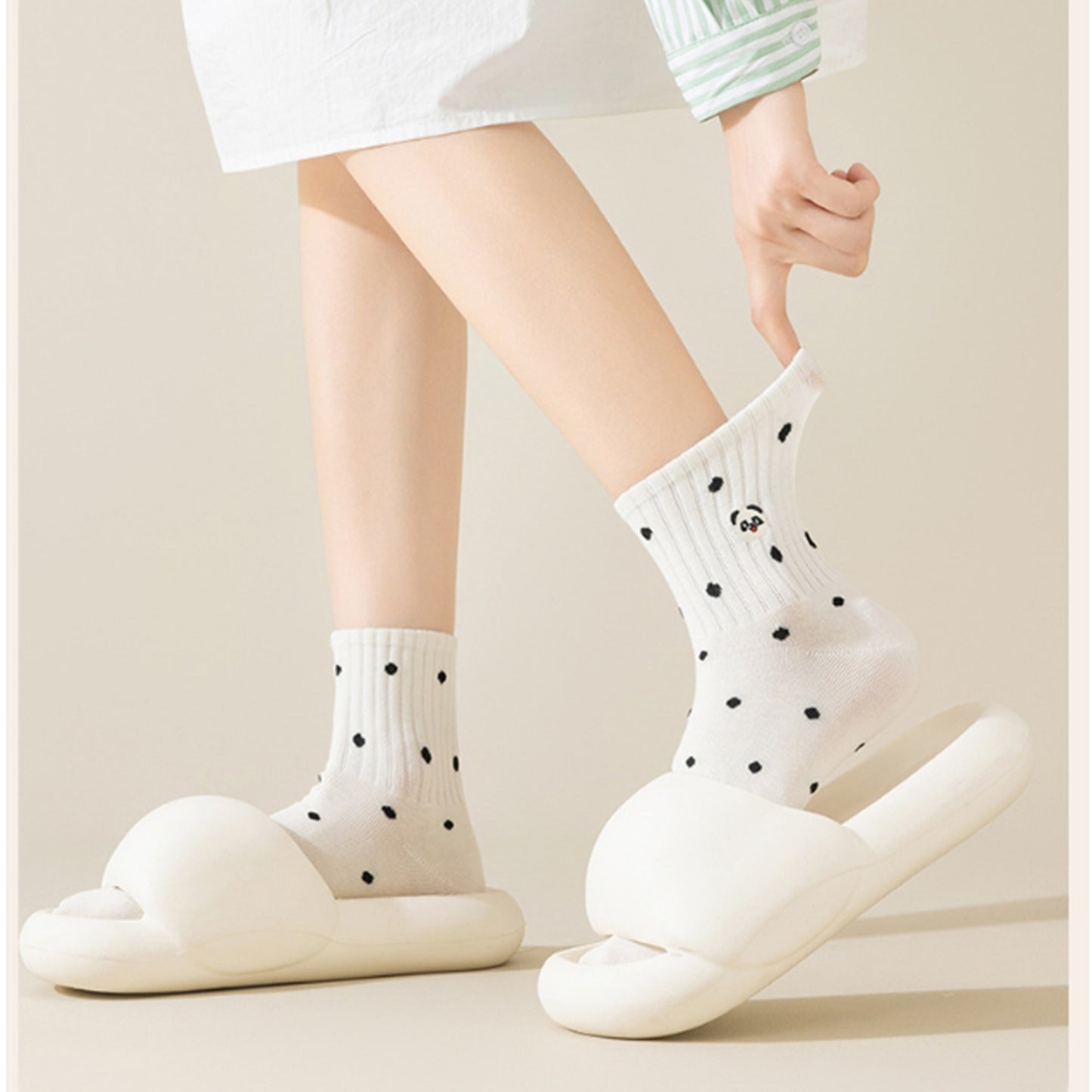 Anna-Kaci 3 Pairs Women's Crew Socks with Polka Dot Pattern and Panda Embroidery