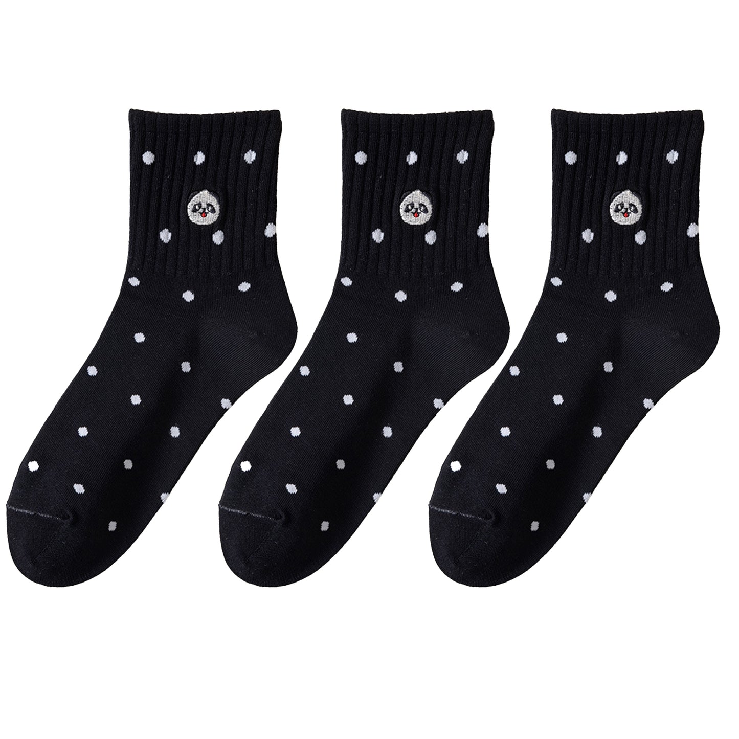 Anna-Kaci 3 Pairs Women's Crew Socks with Polka Dot Pattern and Panda Embroidery