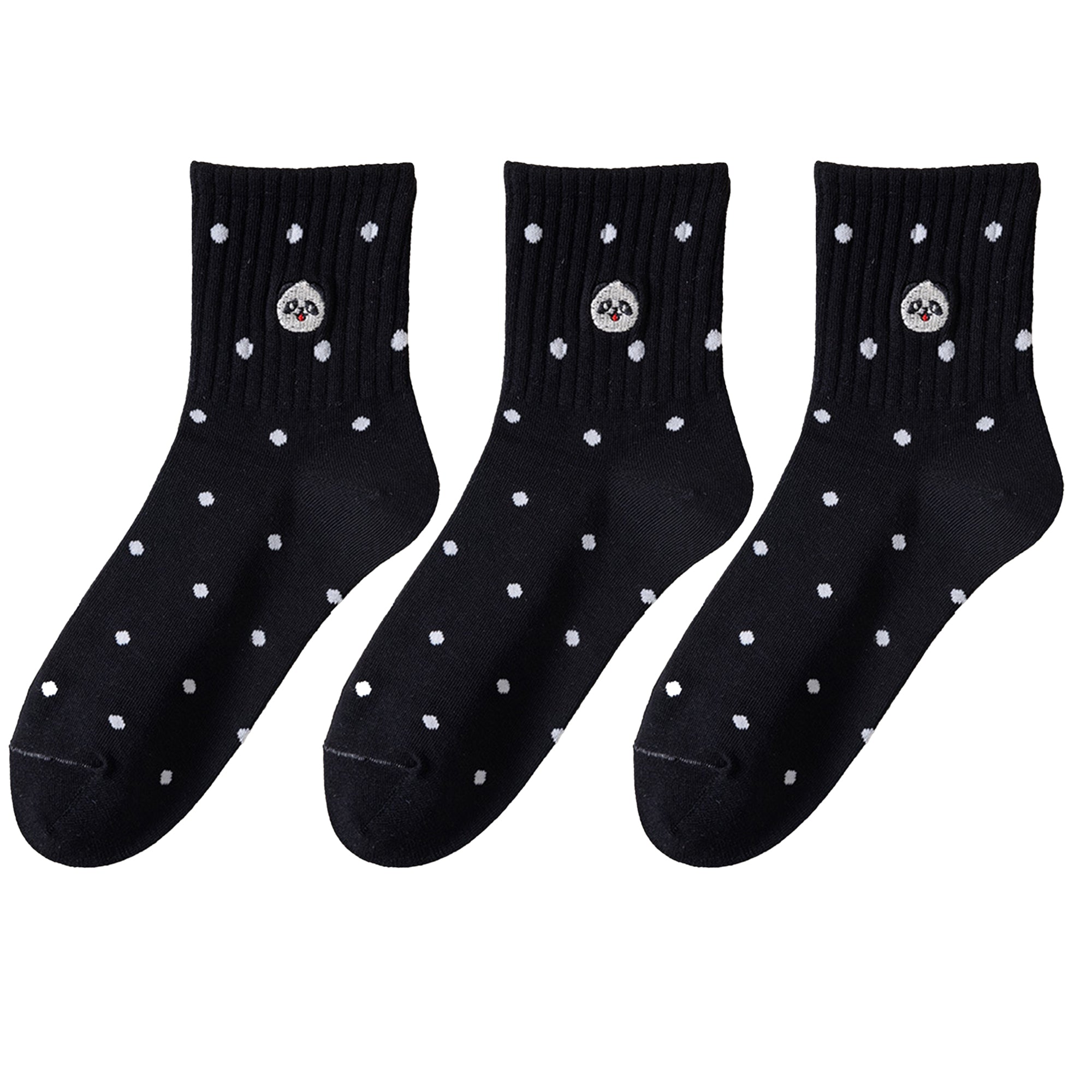 Anna-Kaci 3 Pairs Women's Crew Socks with Polka Dot Pattern and Panda Embroidery