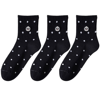 Anna-Kaci 3 Pairs Women's Crew Socks with Polka Dot Pattern and Panda Embroidery