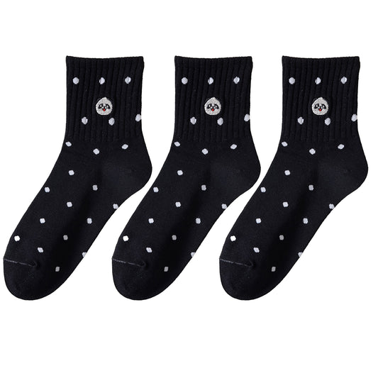 Anna-Kaci 3 Pairs Women's Crew Socks with Polka Dot Pattern and Panda Embroidery
