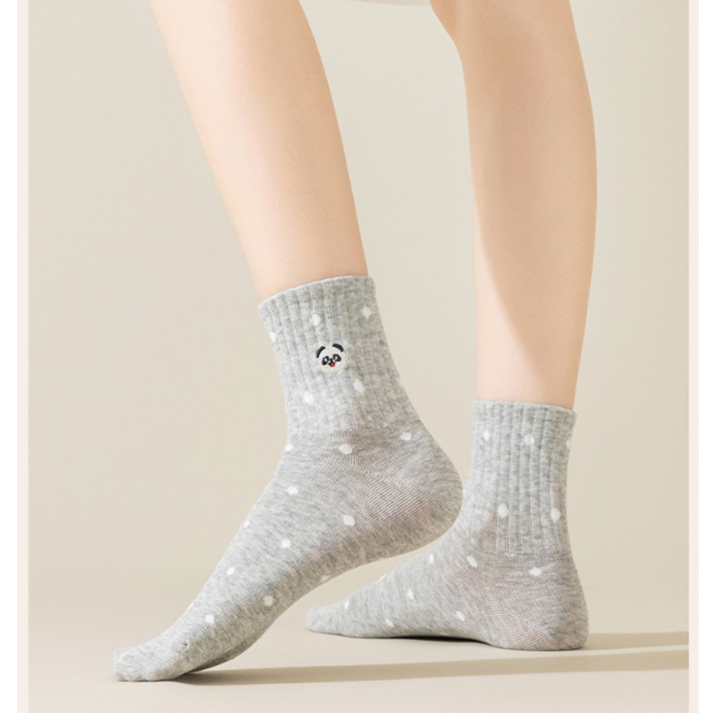 Anna-Kaci 3 Pairs Women's Crew Socks with Polka Dot Pattern and Panda Embroidery
