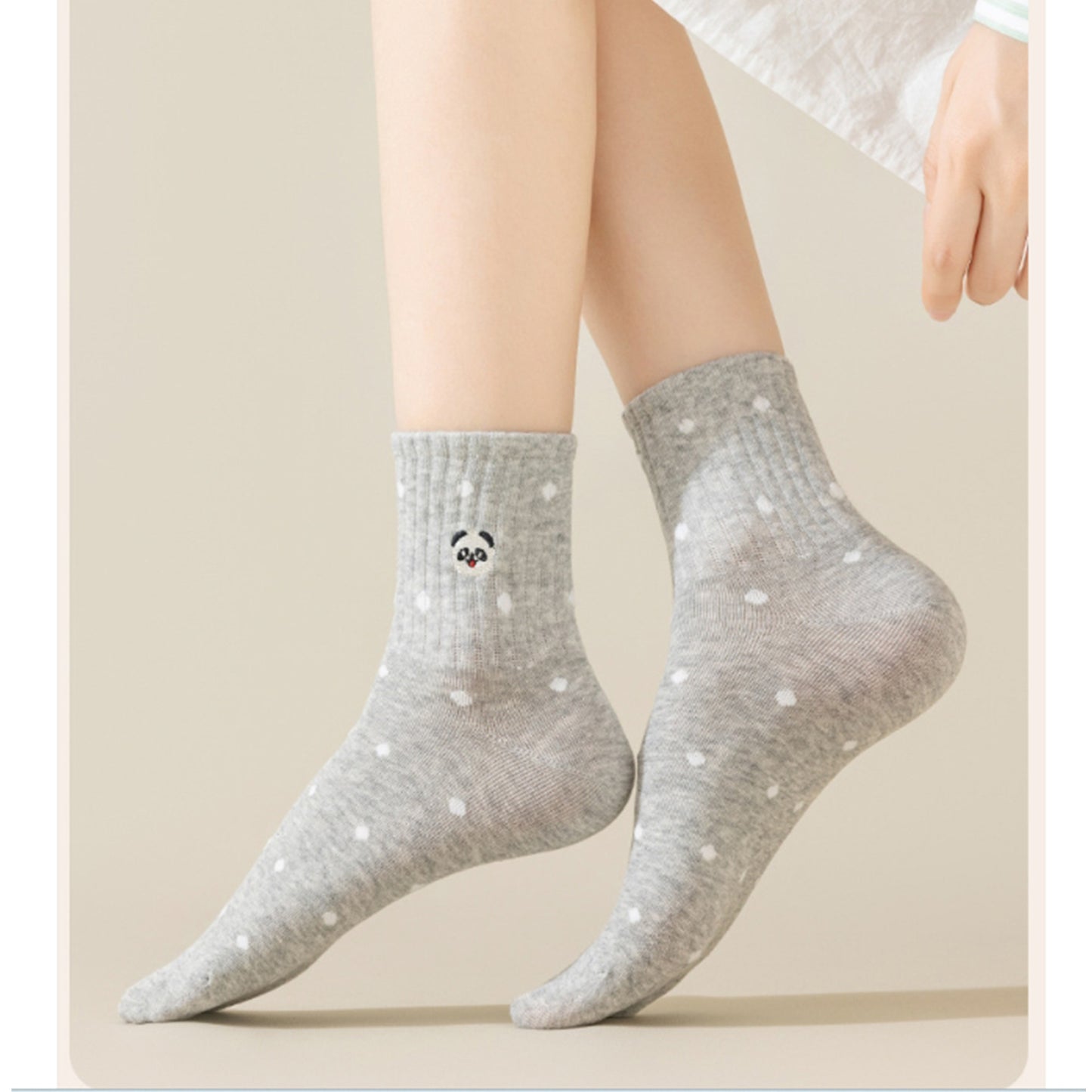 Anna-Kaci 3 Pairs Women's Crew Socks with Polka Dot Pattern and Panda Embroidery