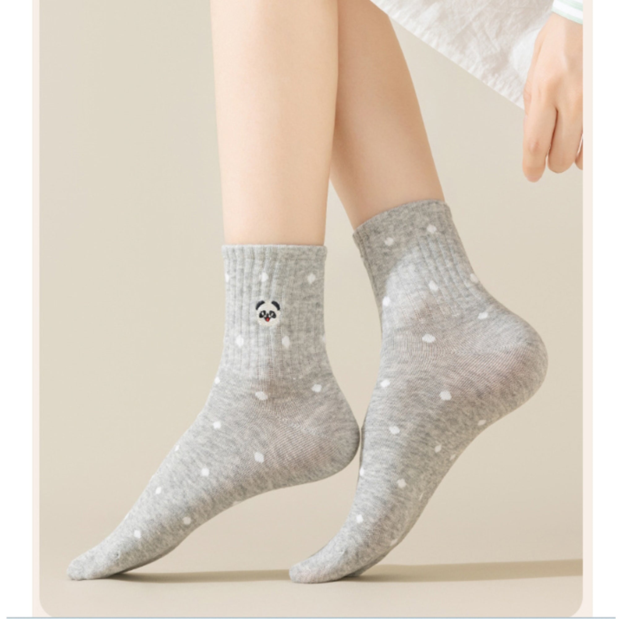 Anna-Kaci 3 Pairs Women's Crew Socks with Polka Dot Pattern and Panda Embroidery