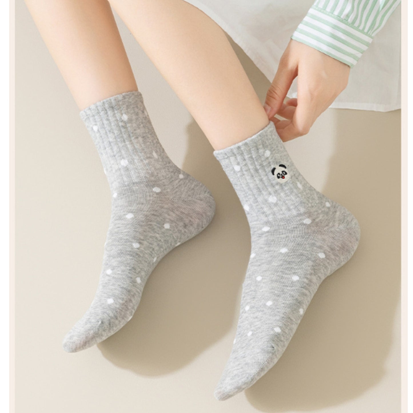 Anna-Kaci 3 Pairs Women's Crew Socks with Polka Dot Pattern and Panda Embroidery