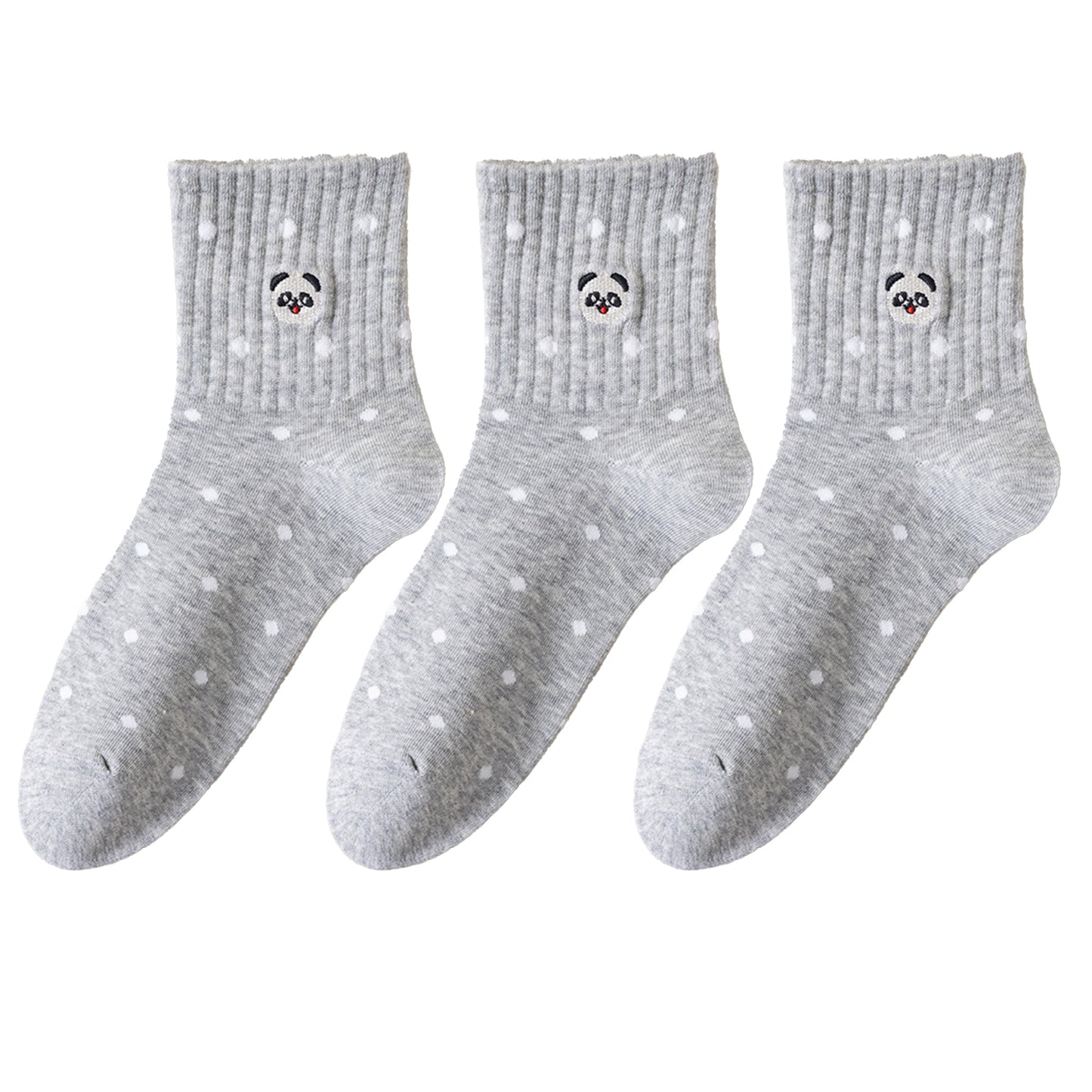 Anna-Kaci 3 Pairs Women's Crew Socks with Polka Dot Pattern and Panda Embroidery