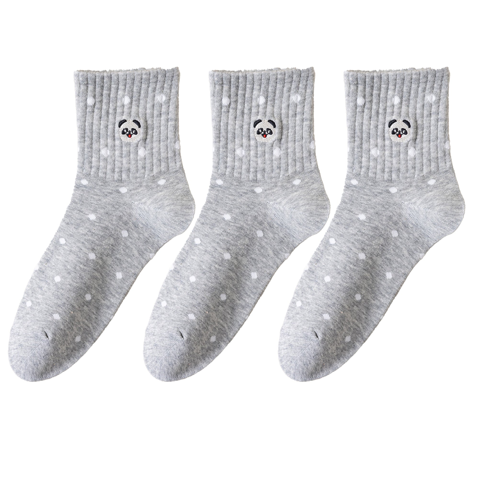 Anna-Kaci 3 Pairs Women's Crew Socks with Polka Dot Pattern and Panda Embroidery