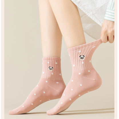 Anna-Kaci 3 Pairs Women's Crew Socks with Polka Dot Pattern and Panda Embroidery
