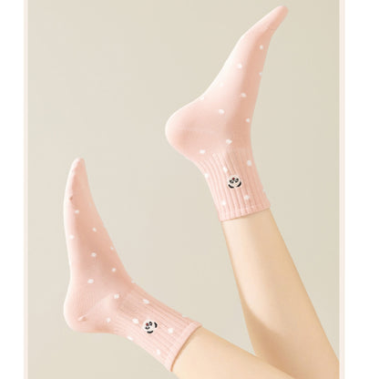 Anna-Kaci 3 Pairs Women's Crew Socks with Polka Dot Pattern and Panda Embroidery