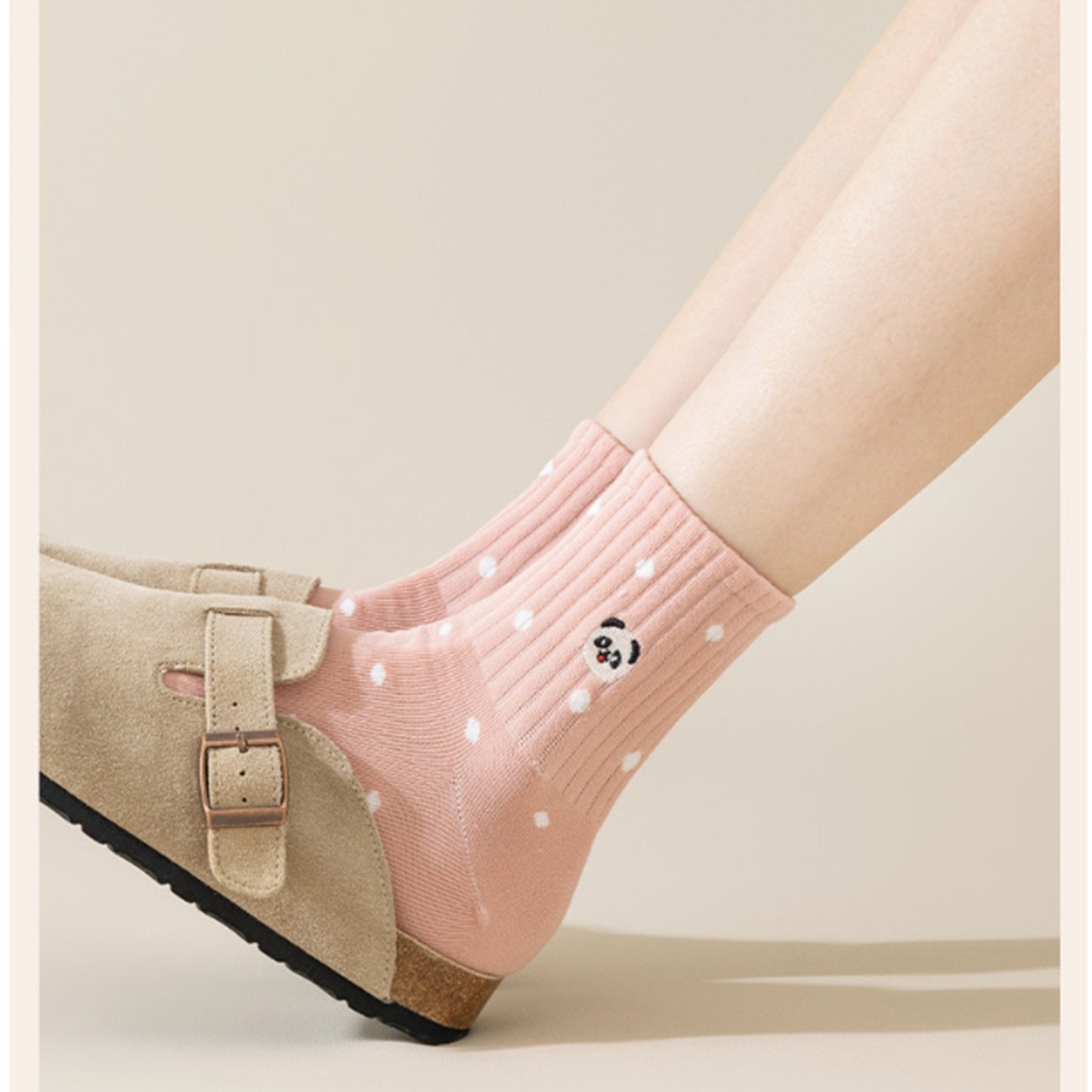 Anna-Kaci 3 Pairs Women's Crew Socks with Polka Dot Pattern and Panda Embroidery