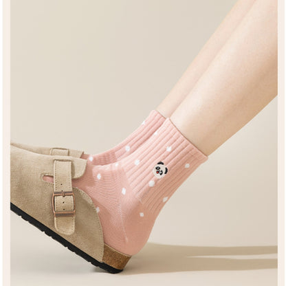 Anna-Kaci 3 Pairs Women's Crew Socks with Polka Dot Pattern and Panda Embroidery