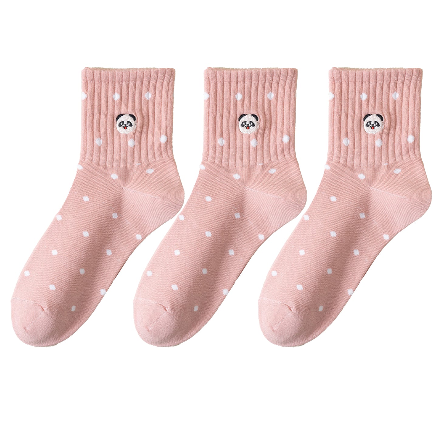Anna-Kaci 3 Pairs Women's Crew Socks with Polka Dot Pattern and Panda Embroidery