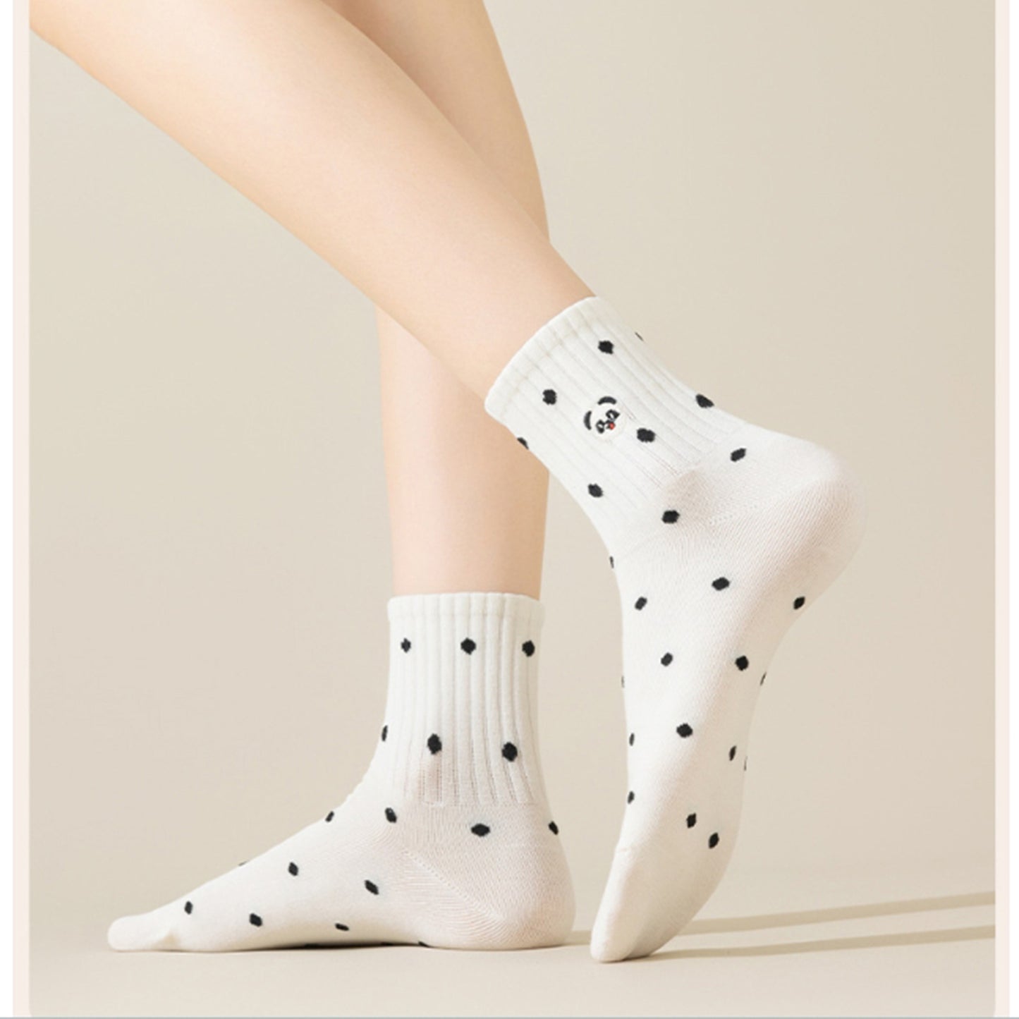 Anna-Kaci 3 Pairs Women's Crew Socks with Polka Dot Pattern and Panda Embroidery
