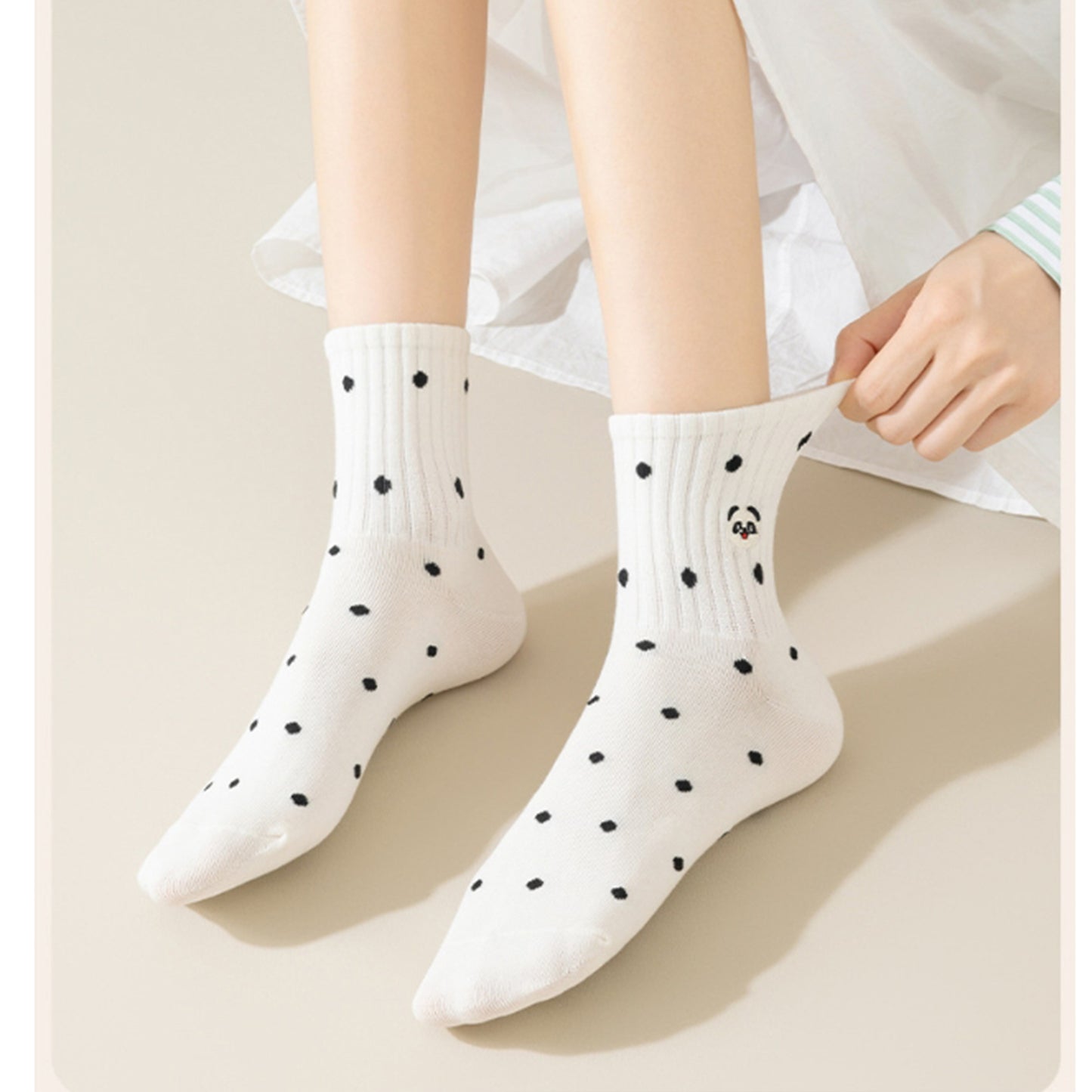 Anna-Kaci 3 Pairs Women's Crew Socks with Polka Dot Pattern and Panda Embroidery