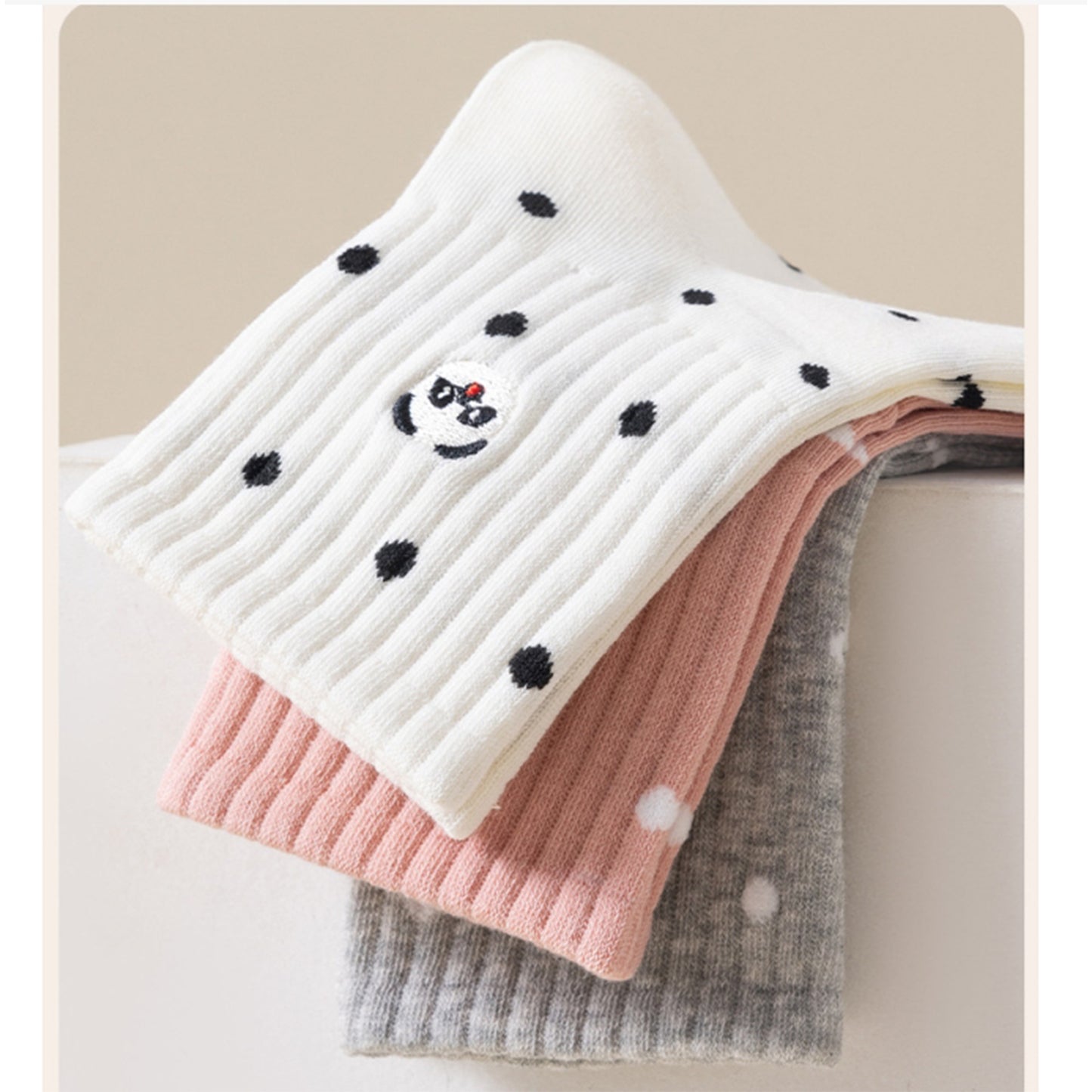 Anna-Kaci 3 Pairs Women's Crew Socks with Polka Dot Pattern and Panda Embroidery