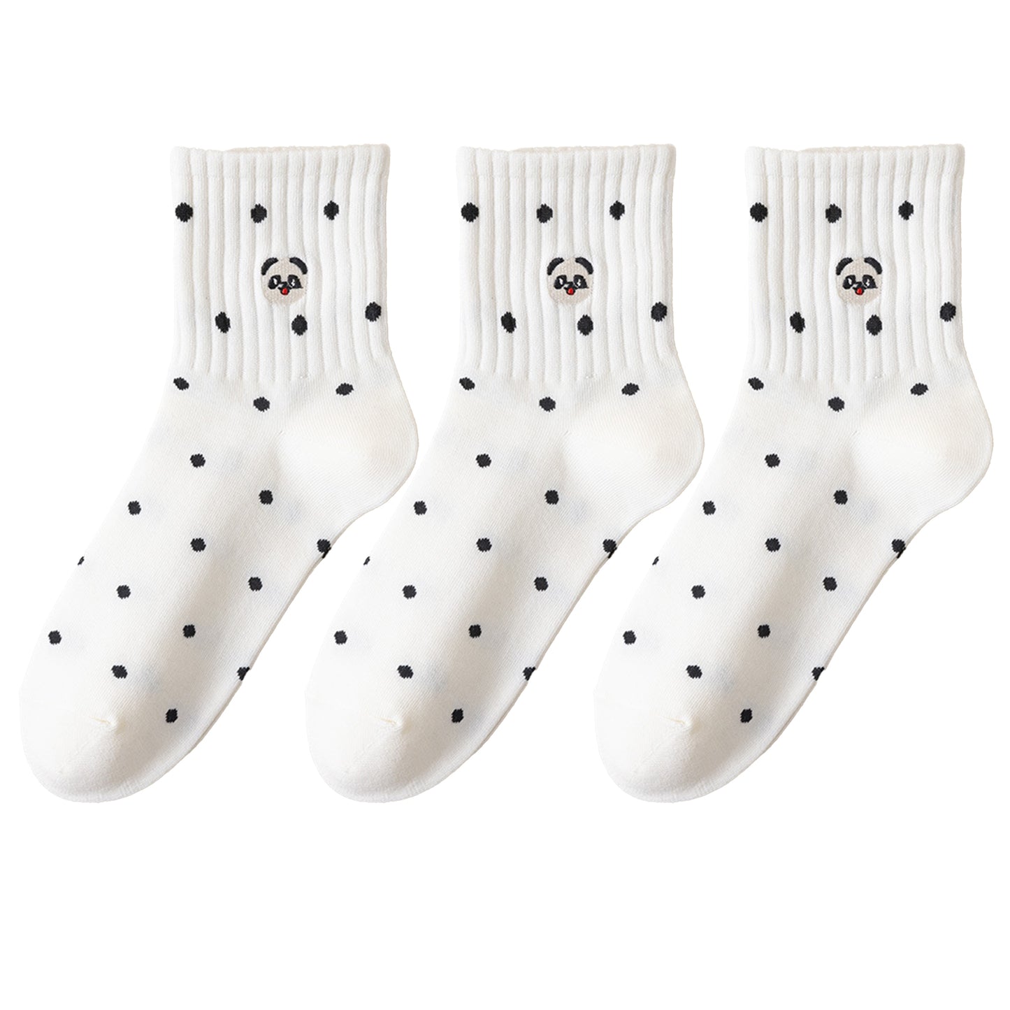 Anna-Kaci 3 Pairs Women's Crew Socks with Polka Dot Pattern and Panda Embroidery