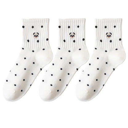 Anna-Kaci 3 Pairs Women's Crew Socks with Polka Dot Pattern and Panda Embroidery