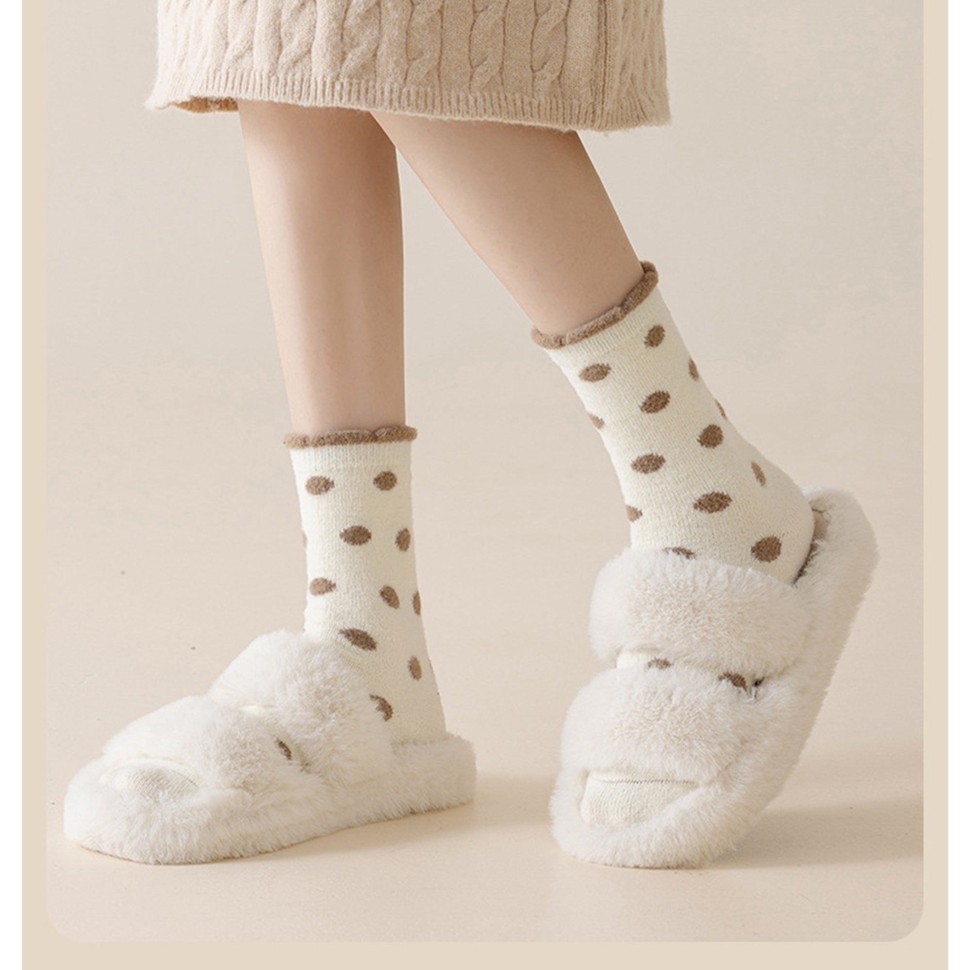 Anna-Kaci 3 Pairs Women's Plush Crew Socks with Polka Dot Pattern and Thick Fleece Lining