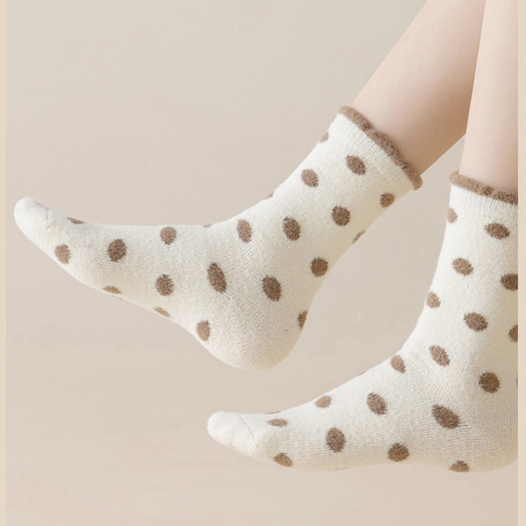 Anna-Kaci 3 Pairs Women's Plush Crew Socks with Polka Dot Pattern and Thick Fleece Lining