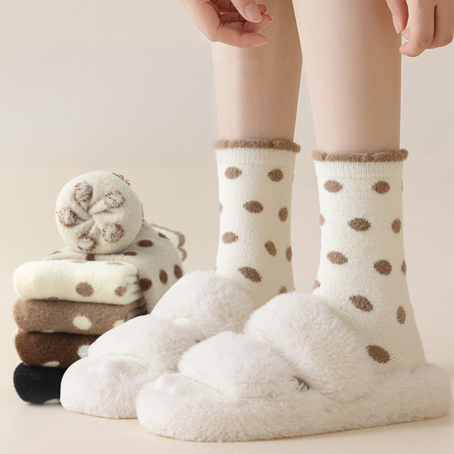 Anna-Kaci 3 Pairs Women's Plush Crew Socks with Polka Dot Pattern and Thick Fleece Lining