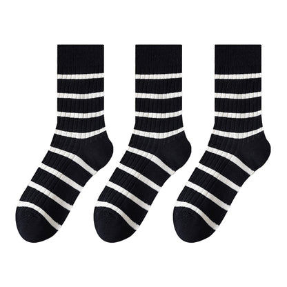 Anna-Kaci 3 Pairs Women's Striped Crew Socks with Ribbed Knit Design and Anti-Pilling Cotton Blend