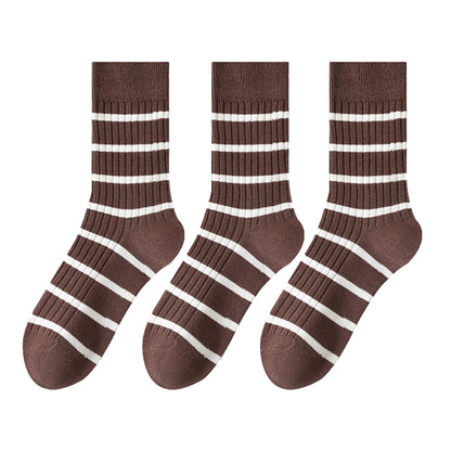 Anna-Kaci 3 Pairs Women's Striped Crew Socks with Ribbed Knit Design and Anti-Pilling Cotton Blend