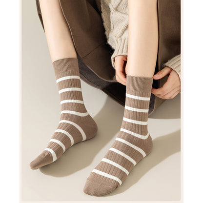 Anna-Kaci 3 Pairs Women's Striped Crew Socks with Ribbed Knit Design and Anti-Pilling Cotton Blend