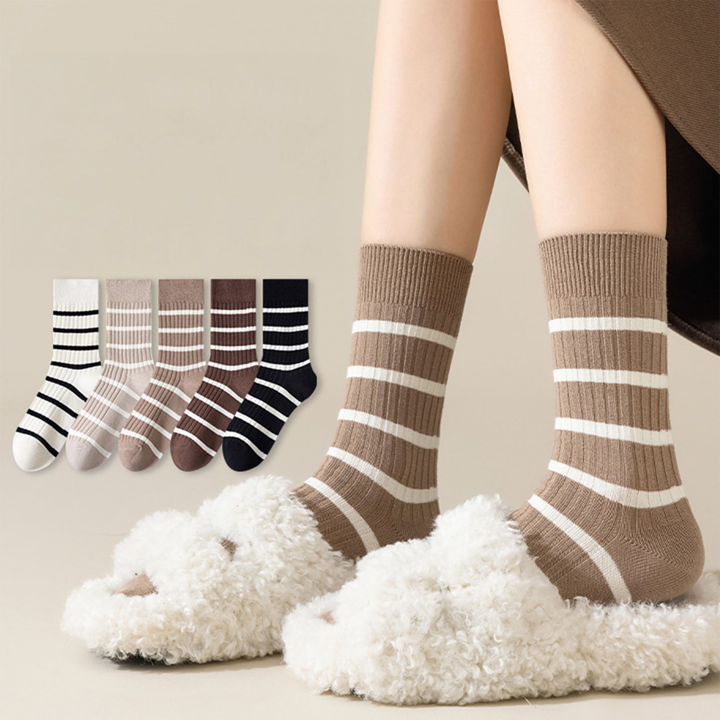 Anna-Kaci 3 Pairs Women's Striped Crew Socks with Ribbed Knit Design and Anti-Pilling Cotton Blend