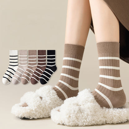 Anna-Kaci 3 Pairs Women's Striped Crew Socks with Ribbed Knit Design and Anti-Pilling Cotton Blend