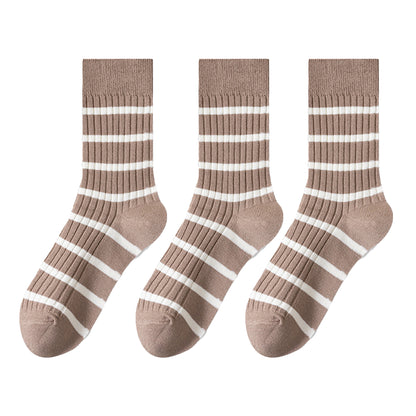 Anna-Kaci 3 Pairs Women's Striped Crew Socks with Ribbed Knit Design and Anti-Pilling Cotton Blend