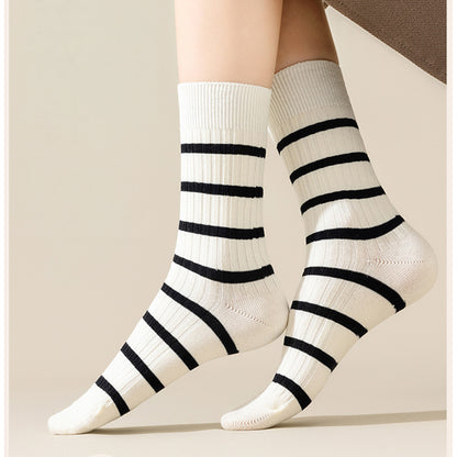 Anna-Kaci 3 Pairs Women's Striped Crew Socks with Ribbed Knit Design and Anti-Pilling Cotton Blend