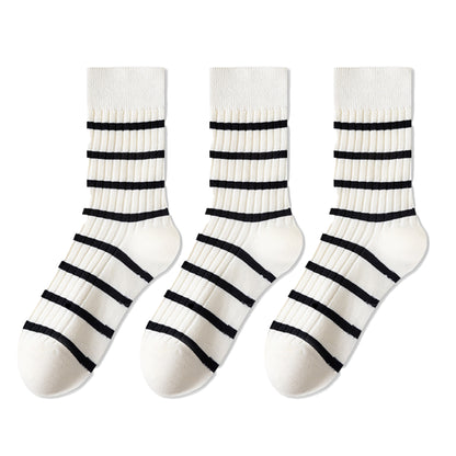 Anna-Kaci 3 Pairs Women's Striped Crew Socks with Ribbed Knit Design and Anti-Pilling Cotton Blend