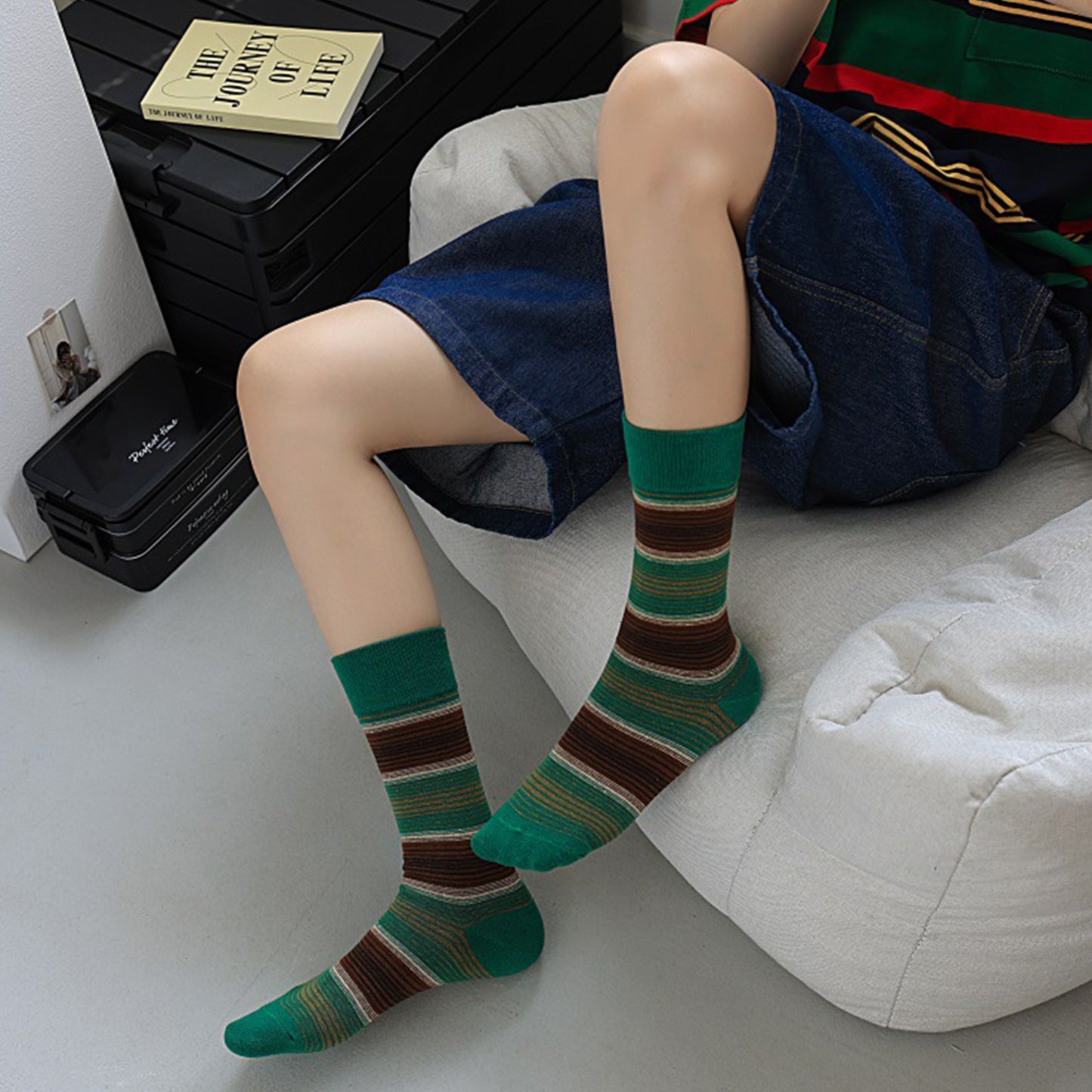 Anna-Kaci 3 Pairs Cotton Crew Socks with Retro Colored Striped Patterns and Comfortable Classic