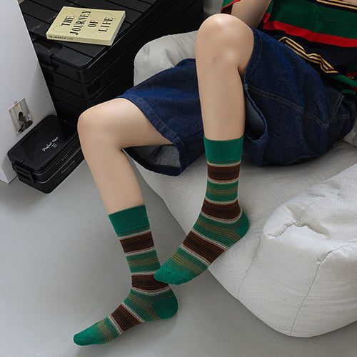 Anna-Kaci 3 Pairs Cotton Crew Socks with Retro Colored Striped Patterns and Comfortable Classic