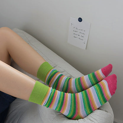 Anna-Kaci 3 Pairs Cotton Crew Socks with Retro Colored Striped Patterns and Comfortable Classic