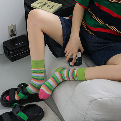 Anna-Kaci 3 Pairs Cotton Crew Socks with Retro Colored Striped Patterns and Comfortable Classic