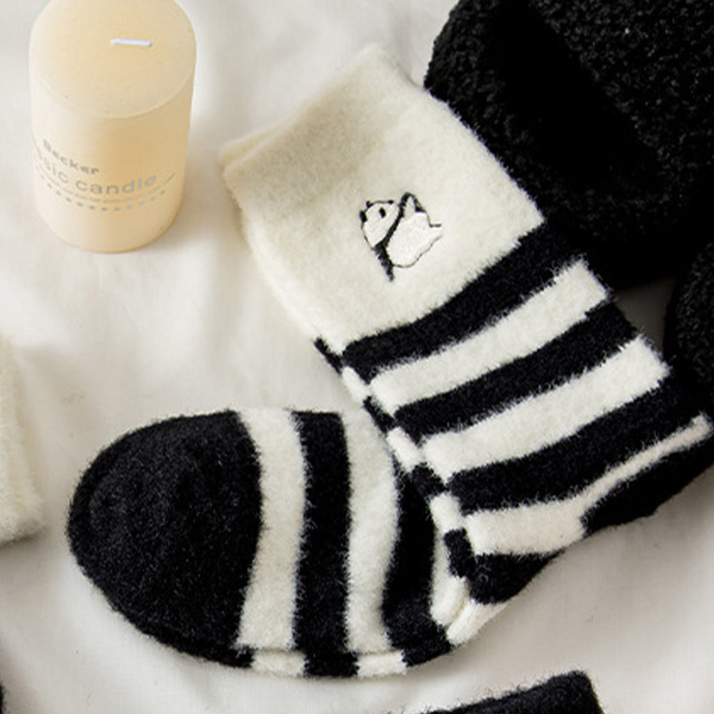 Anna-Kaci 3-Pair Plush Home Socks Striped Panda Design Cozy Crew Style for Everyday Comfort