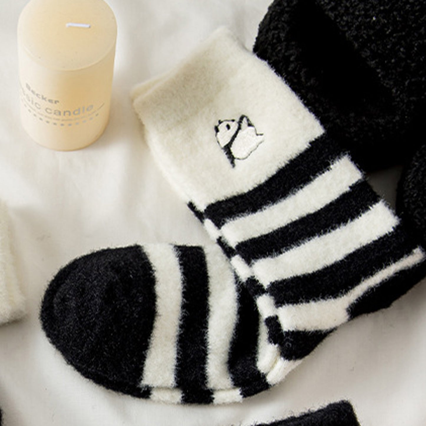 Anna-Kaci 3-Pair Plush Home Socks Striped Panda Design Cozy Crew Style for Everyday Comfort