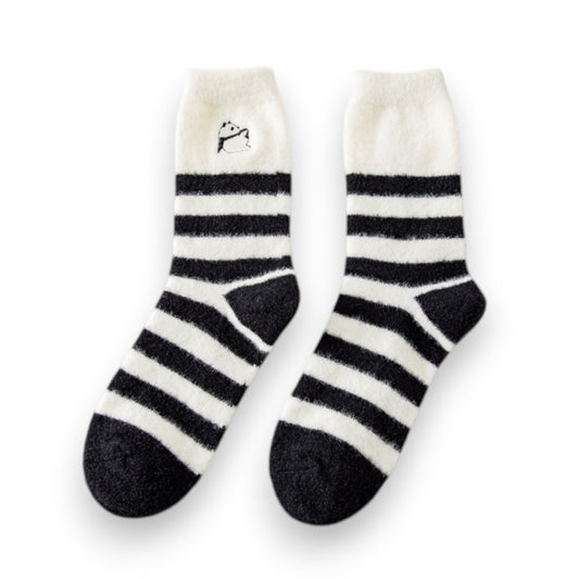 Anna-Kaci 3-Pair Plush Home Socks Striped Panda Design Cozy Crew Style for Everyday Comfort