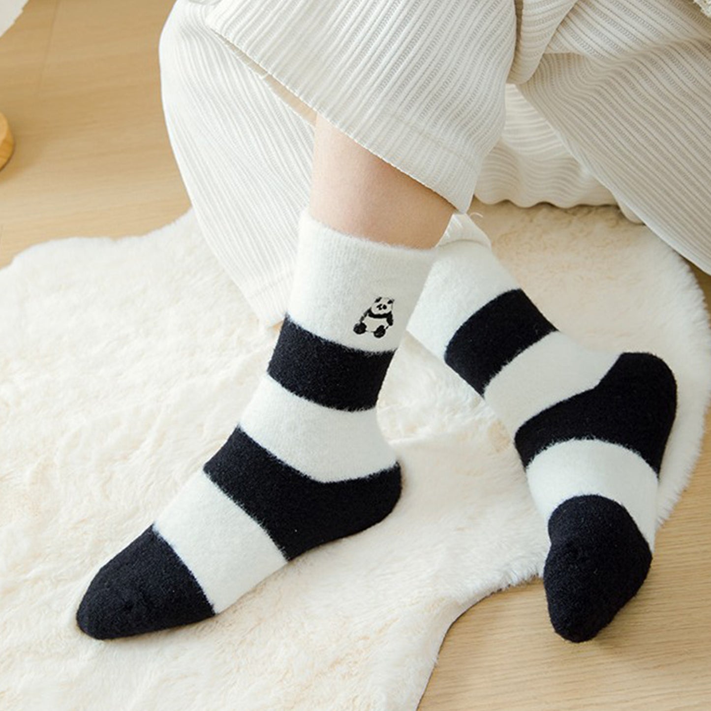 Anna-Kaci 3-Pair Plush Home Socks Striped Panda Design Cozy Crew Style for Everyday Comfort