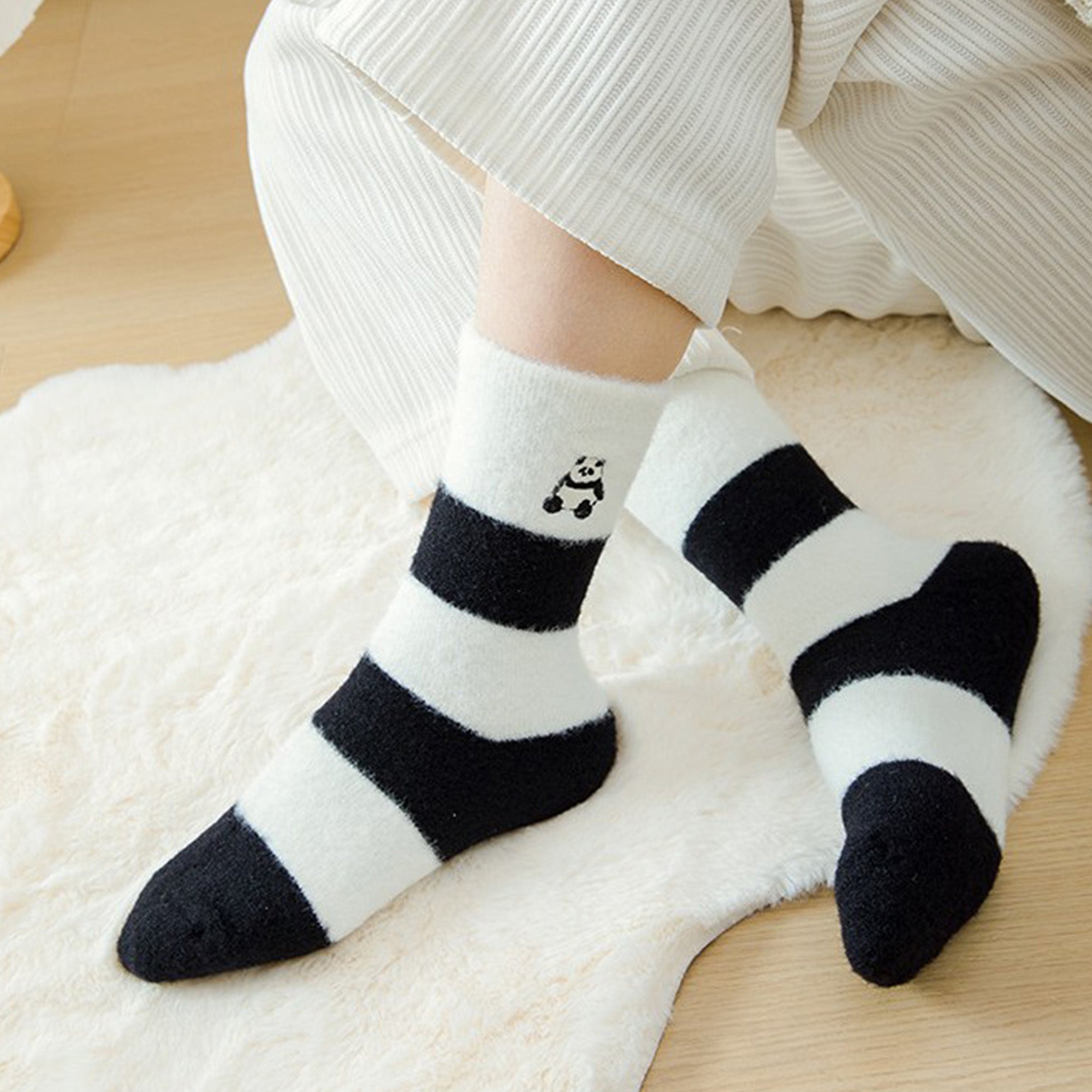 Anna-Kaci 3-Pair Plush Home Socks Striped Panda Design Cozy Crew Style for Everyday Comfort