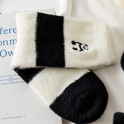 Anna-Kaci 3-Pair Plush Home Socks Striped Panda Design Cozy Crew Style for Everyday Comfort